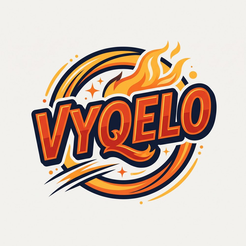 Logo VYQELO deportivo: emblema circular de llamas en naranja y rojo