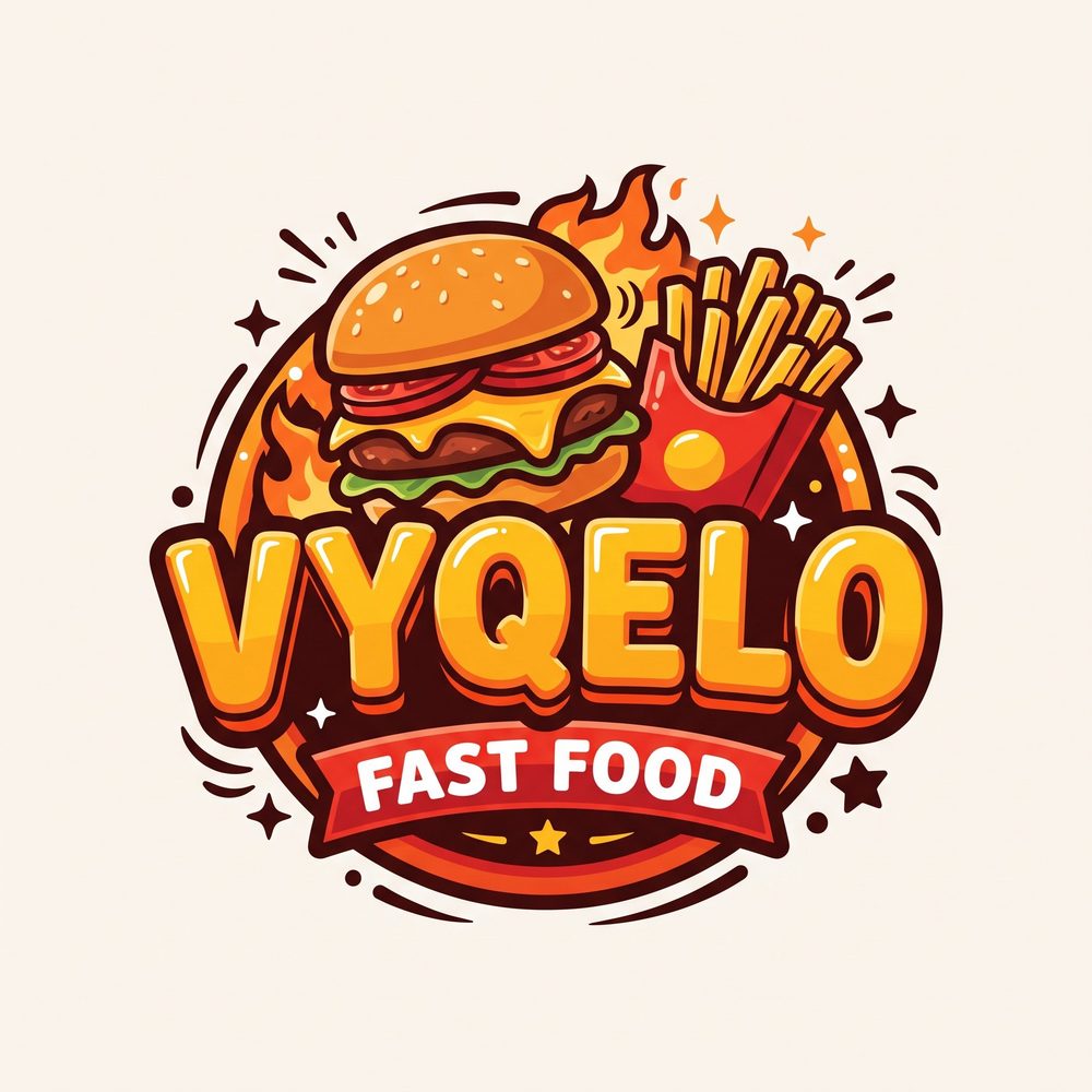 Logo de comida rápida estilo caricatura con hamburguesa y papas