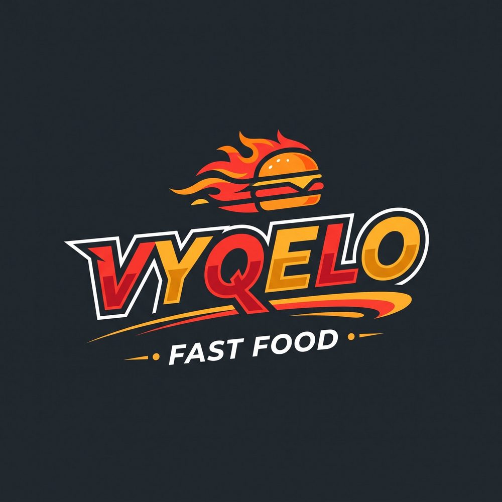 Logo VYQELO Fast Food urbano: tipografía con fuego y hamburguesa en llamas sobre fondo oscuro