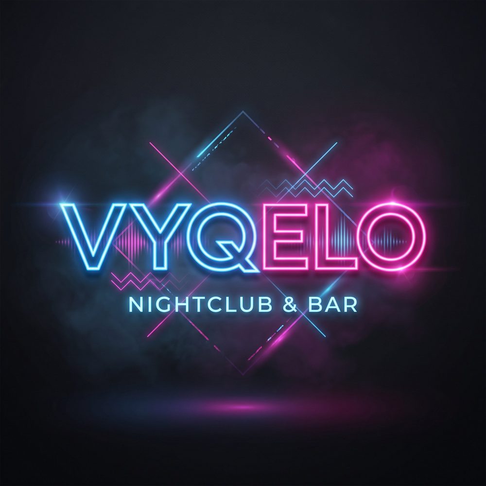 Logo VYQELO Nightclub & Bar en neón cian y magenta sobre fondo oscuro
