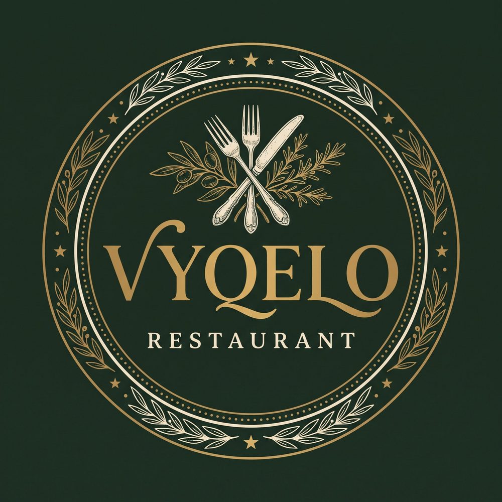 Logo VYQELO Restaurant: sello circular verde y dorado con cubiertos y laureles