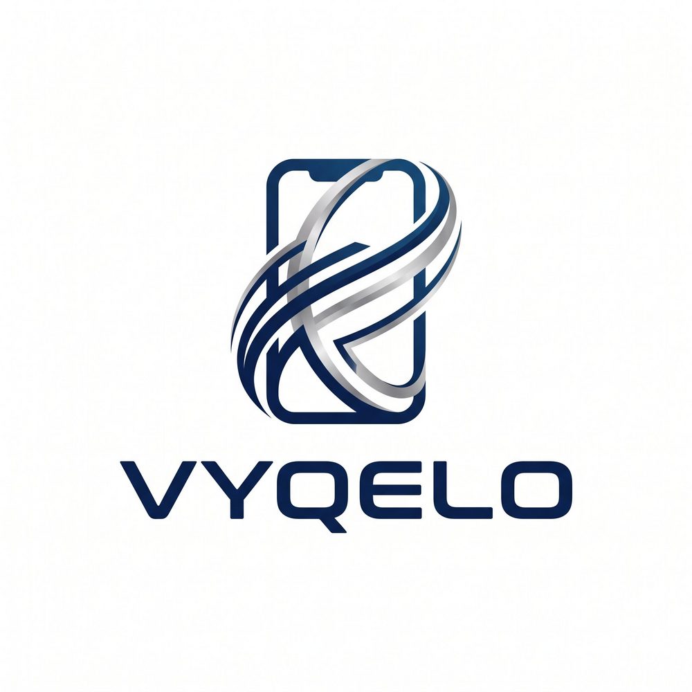 Logo VYQELO de tecnología: símbolo de celular con órbitas en azul y plata