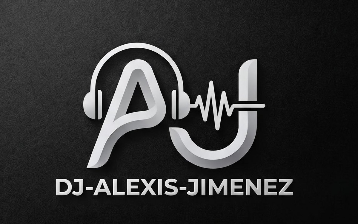 Logo de DJ Alexis Jimenez en plateado plano sobre fondo negro