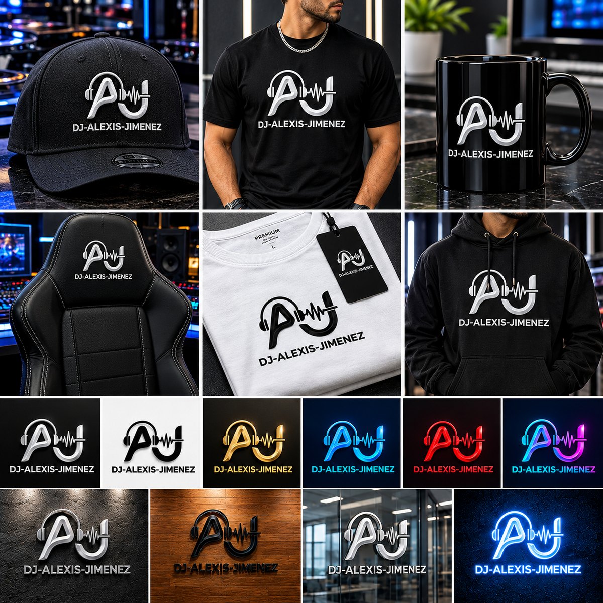 Mockup con aplicaciones del logo de DJ Alexis Jimenez en gorra, camisetas, mug, silla y variantes de color