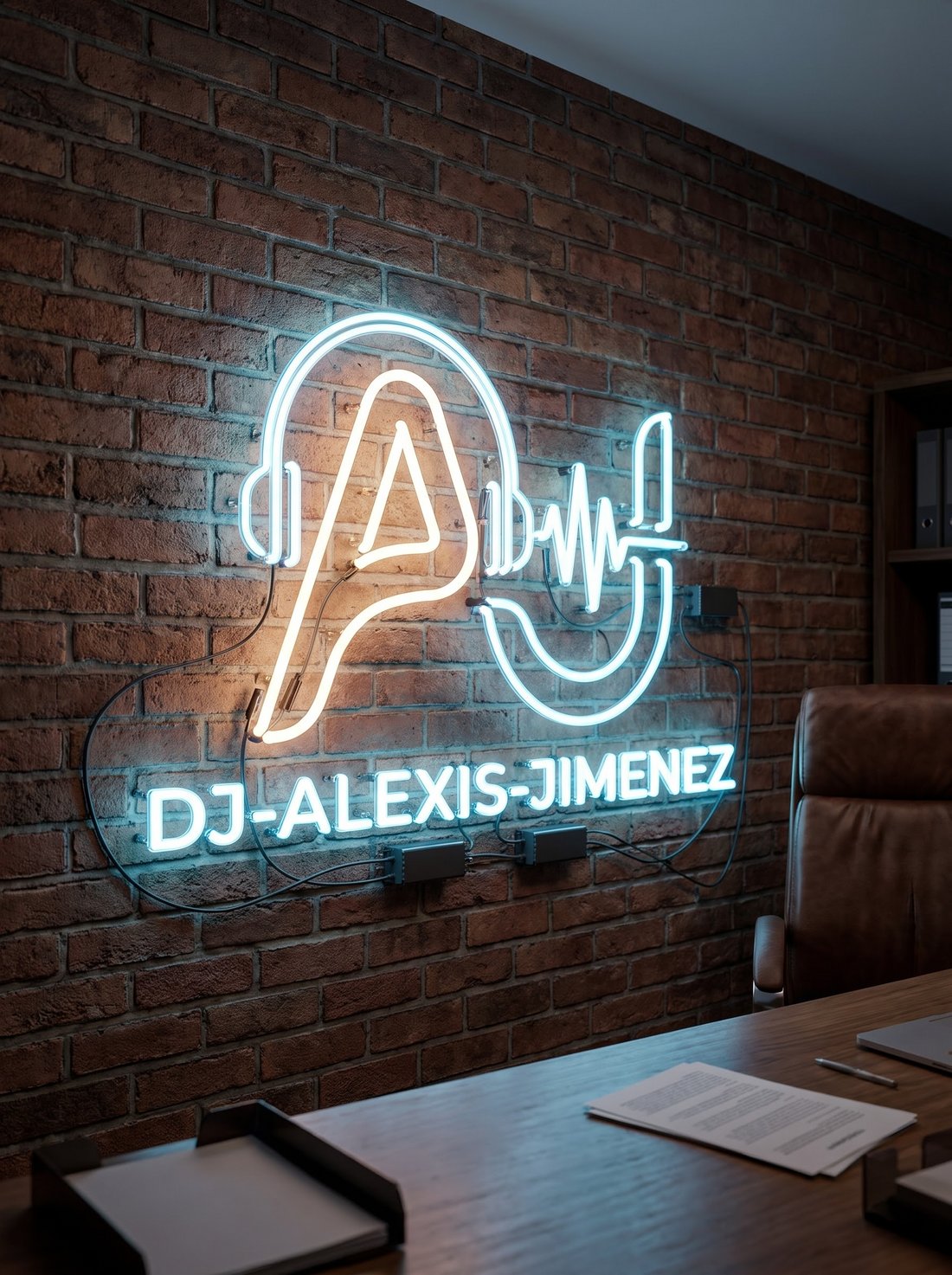 Mockup del logo de DJ Alexis Jimenez como letrero de neón en una pared