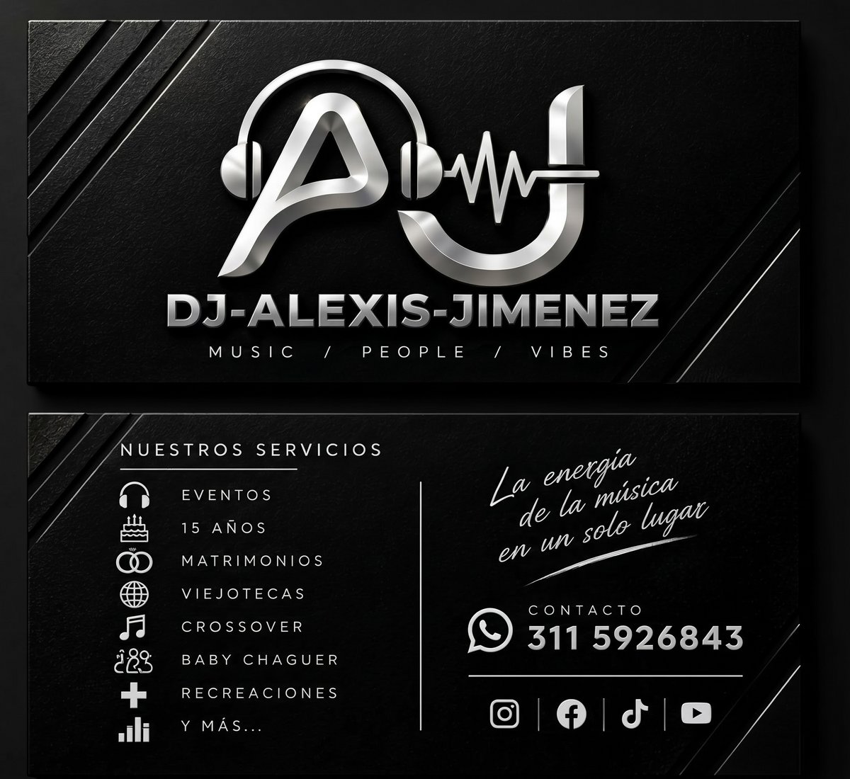 Mockup de la tarjeta de DJ Alexis Jimenez vista por el frente y el reverso