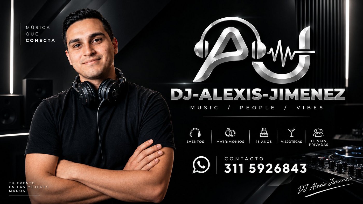 Póster demo horizontal de DJ Alexis Jimenez con retrato y logo