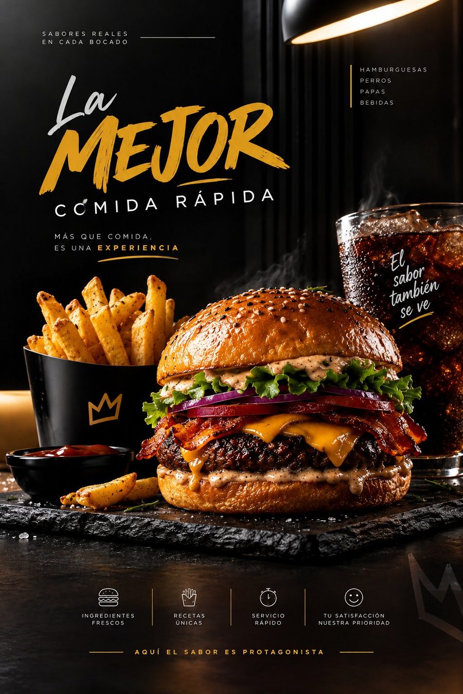 Póster de hamburguesa premium con papas y gaseosa, la mejor comida rápida