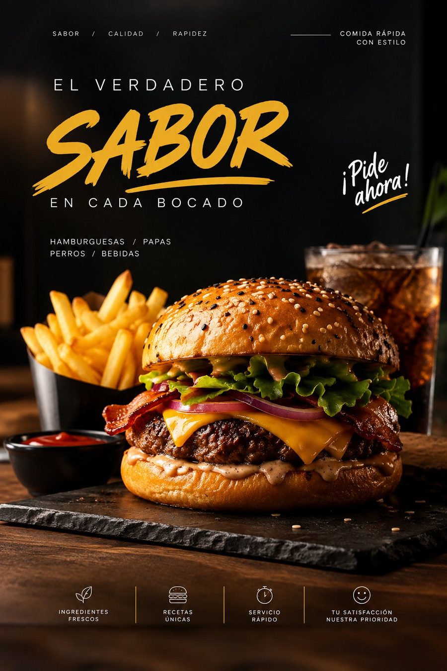 Póster de hamburguesería con hamburguesa, papas y llamado a pedir ahora