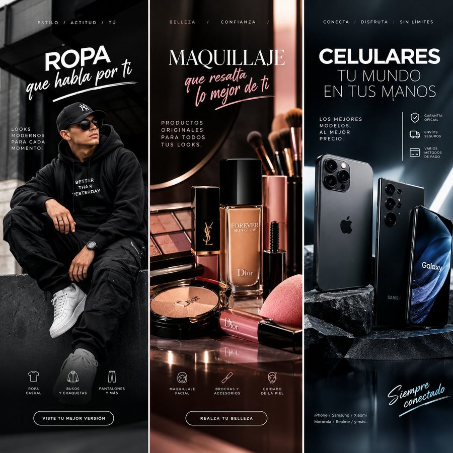 Tríptico publicitario de ropa urbana, maquillaje y celulares en tres paneles