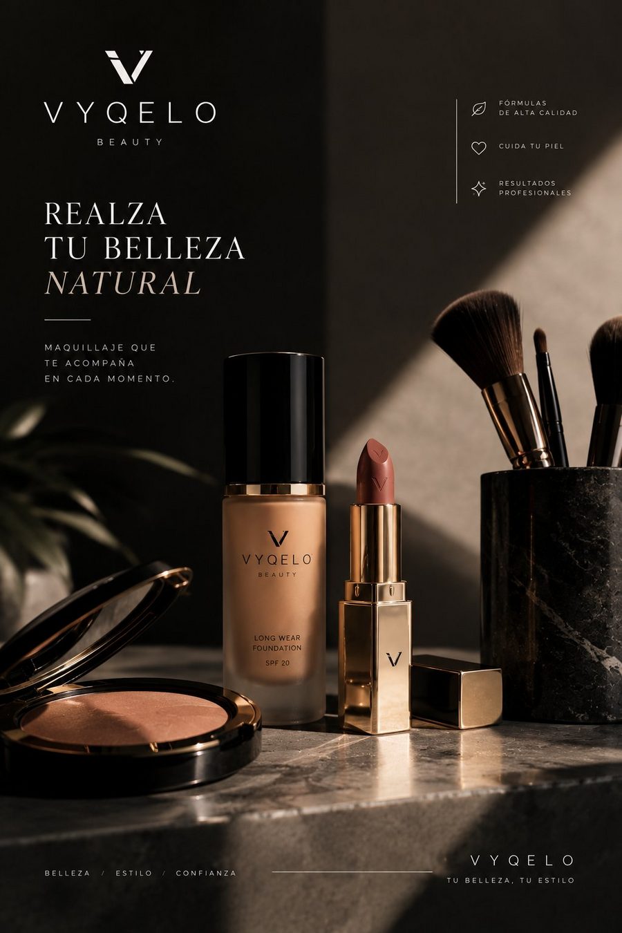 Póster VYQELO Beauty con base, labial y brochas de maquillaje premium