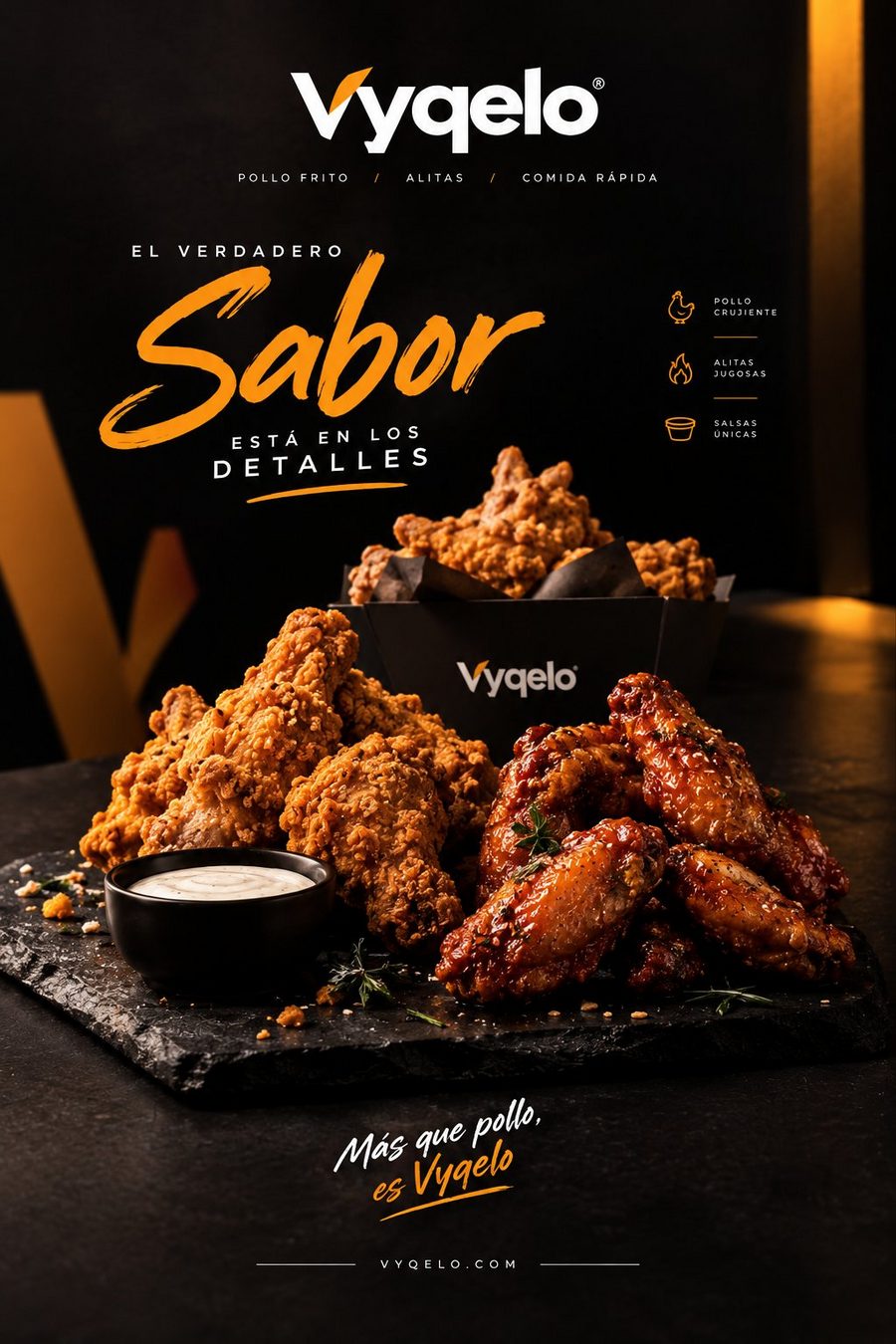 Póster de pollo frito crujiente y alitas con salsa, el verdadero sabor está en los detalles