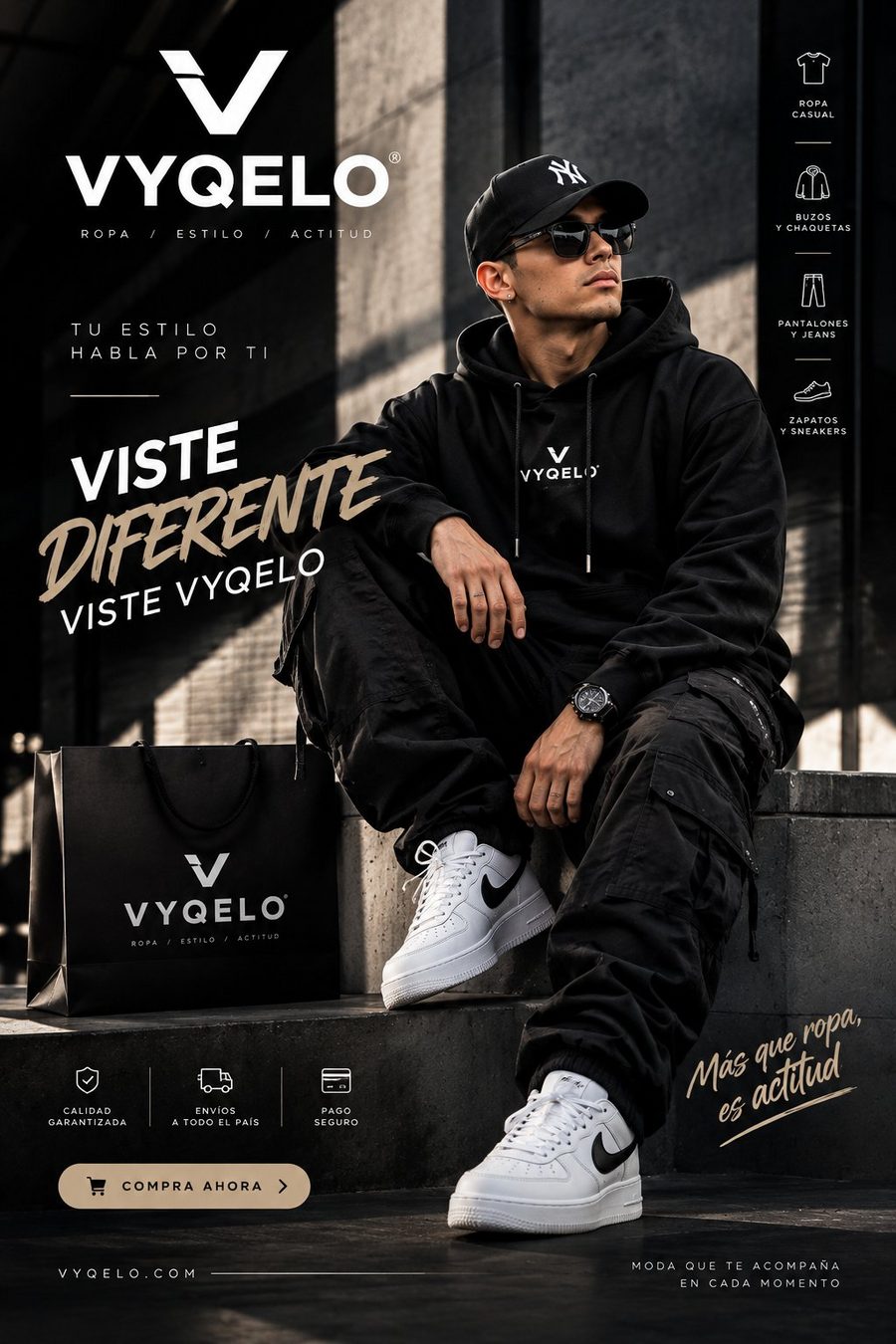 Póster de campaña de ropa urbana VYQELO con modelo en buzo negro y bolsa de compra