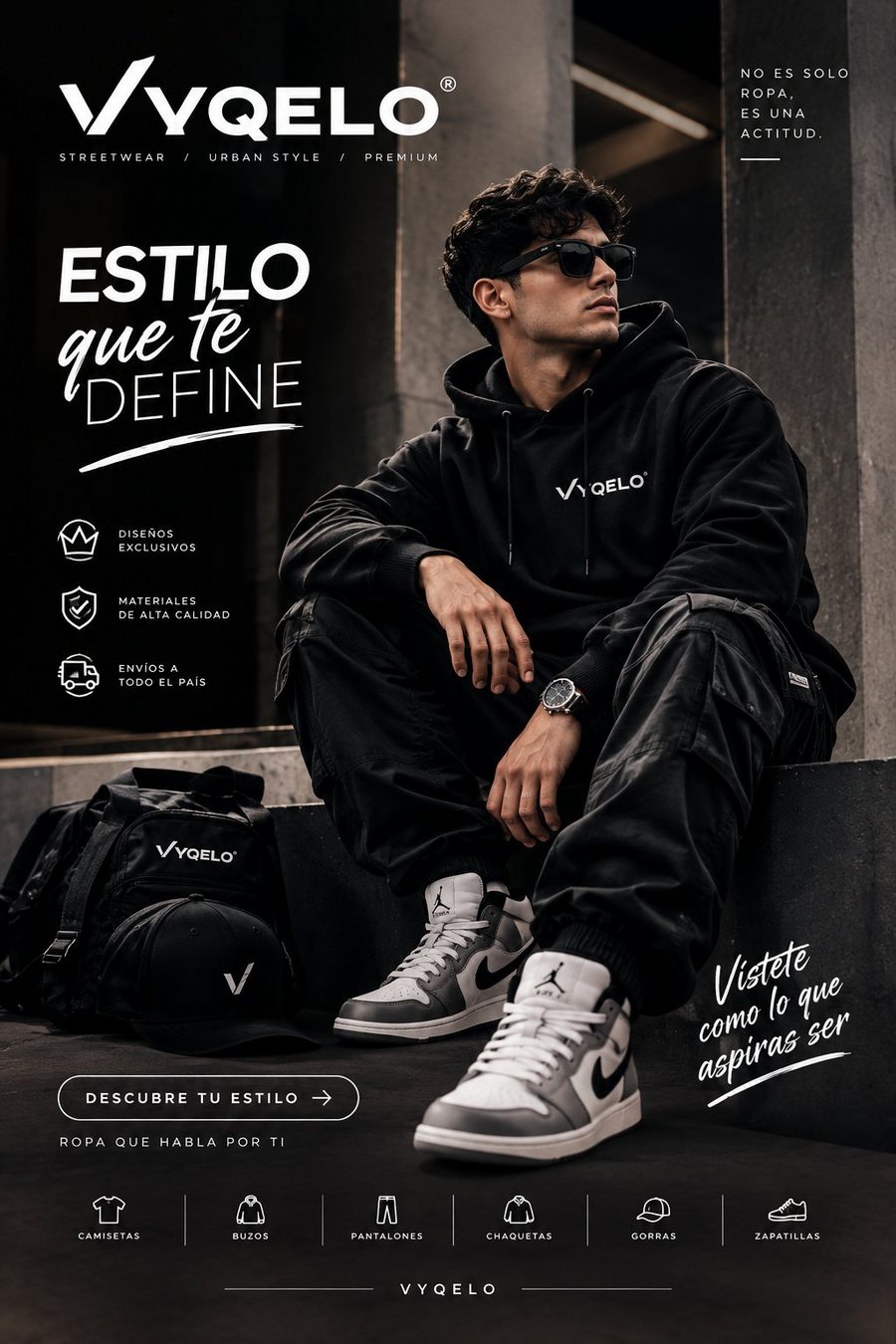 Póster de moda urbana VYQELO Streetwear con modelo en buzo negro y tenis
