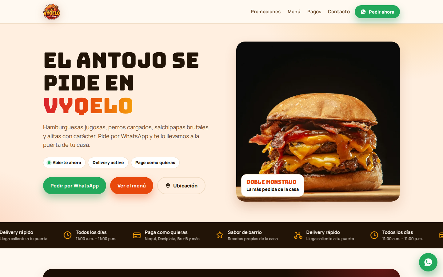 Vista previa de la página de VYQELO Comidas Rápidas