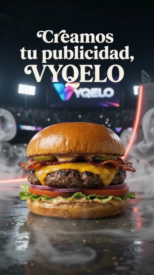 Hamburguesa aterrizada en el estadio con el logo VYQELO detrás