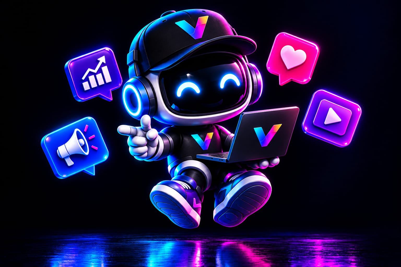 Asistente creativo Viqelo rodeado de símbolos de video, sonido, redes y crecimiento